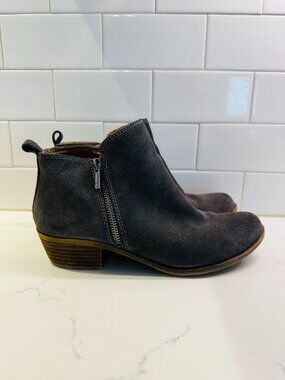 Lucky Brand Basel Grey Suede Leather Booties Double Zip Womens 9M. Peeling leath